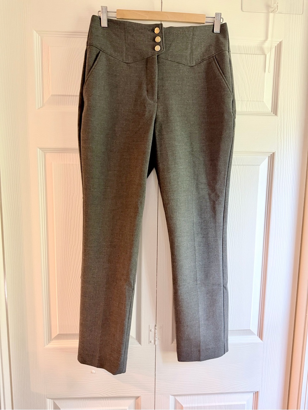Express High-Rise Cropped Ponte Pants with Gold Buttons - Gray